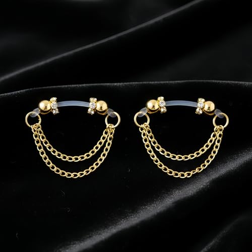 2 Pairs Non-Piercing Nipple Jewelry – Adjustable Silicone Rings with Silver & Gold Beads – Fake Nipple Piercing Look, Pain-Free Faux Nipple Rings for Unisex Adult Body Jewelry - color: Silver & Gold with Chains