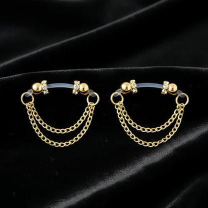 2 Pairs Non-Piercing Nipple Jewelry – Adjustable Silicone Rings with Silver & Gold Beads – Fake Nipple Piercing Look, Pain-Free Faux Nipple Rings for Unisex Adult Body Jewelry - color: Silver & Gold with Chains
