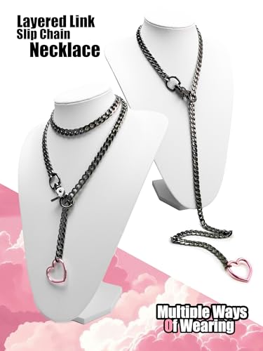 paloli Women's Slip Chain Rainbow Heart O-Ring Chunky Chain Necklace, Rays Cuban Long Layered Jewelry, Adjustable Lariat Y-Necklace Heart Loop Choker - color: G-Heart-Black-Pink