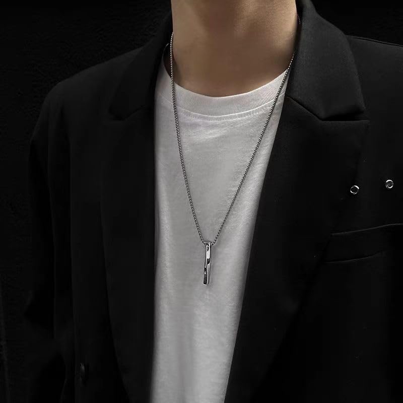 18K Gold Plated Minimalist Twisted Bar Pendant Necklace for Men and Women, Sleek Geometric Vertical Stick Jewelry with Stainless Steel Box Chain, Modern Unisex Design in White Gold Finish