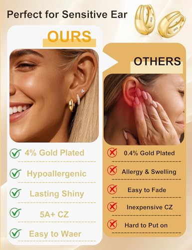 Small Gold Earring Stack Trendy 925 Sterling Silver Earrings for Women Hypoallergenic 14K Gold Plated Cubic Zirconia Stud Hoop Non Tarnish Huggie Hoop Earrings Set for Multiple Piercing Jewelry Gift - style: Gold: 2 Pairs of Hoops + 1 Pair of Studs