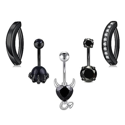 Belly Button Rings Stainless Steel 14G CZ Opal Navel Rings Barbells Women Girls Belly Piercing Jewelry - color: Black Color-Style G: 5 PCS