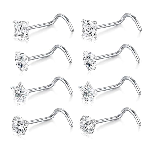 SEEDRILL 8Pcs 20G Nose Rings studs for Woman Hypoallergenic Nose Studs 316L Surgical Steel with Gold Plated Nose Piercings Jewelry 3mm CZ L Shape Nose Rings 20 Gauge Nose Stud Nose Screw Studs - style: 8Pcs/18G/3mm CZ/Screw Shape/Silver