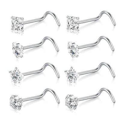 SEEDRILL 8Pcs 20G Nose Rings studs for Woman Hypoallergenic Nose Studs 316L Surgical Steel with Gold Plated Nose Piercings Jewelry 3mm CZ L Shape Nose Rings 20 Gauge Nose Stud Nose Screw Studs - style: 8Pcs/18G/3mm CZ/Screw Shape/Silver