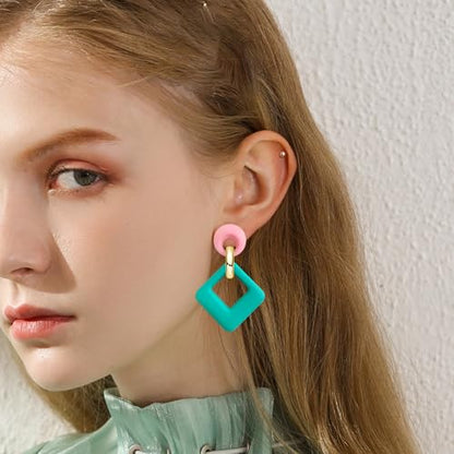 70s 80s Vintage Resin Neon Square Dangle Drop Earrings Simplicity Acrylic Hollow Round Circle Geometry Stud Earrings for Women - style: Blue Pink