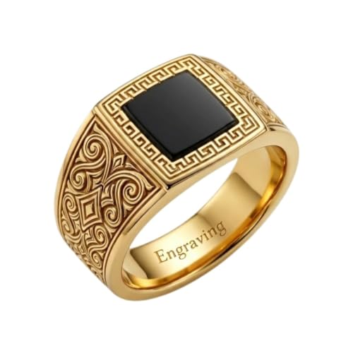 LONAGO Personalized 10K 14K 18K Solid Gold Initial Signet Ring, Custom Engraved Monogram Ring with Vintage Greek Key, Statement Ring for Men Women, Jewelry Gift for Anniversary Birthday - color: Style 3