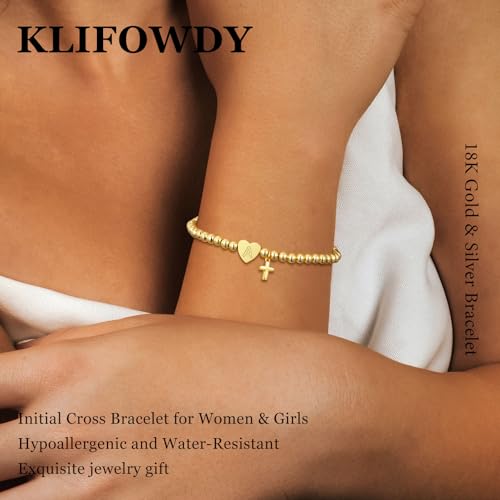 Initial Cross Gold Bracelets for Women Christian Beads Jewelry for Girls | 14K Gold Plated Letter Bracelet, Stretch Elastic Baptism Religion Christian Gifts for Women Teen - color: Gold-X