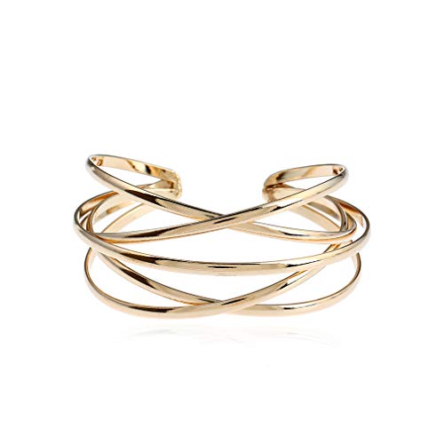 Boho Chunky Cuff Bracelet for Women,Gold/Silver/Rose gold Multi-layer Cross Wire Bangle Bracelets Open Adjustable Wide Cuff Bracelet Fashion Statement Jewelry - color: Rold