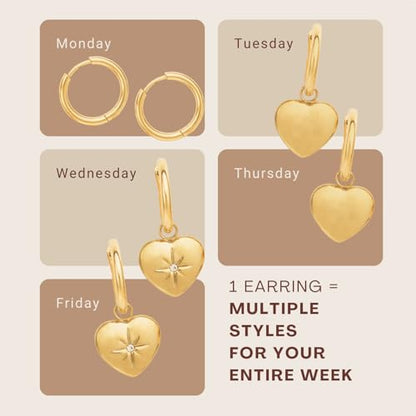 18k Gold Plated Puffy Heart Work Earrings, Business Casual Office Jewelry for Women, Gold Celestial April Birthstone Earrings for Mom, North Star Guidance Charm 15mm Huggie Dangle Hoops
