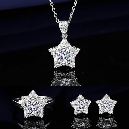 Elegant Jewelry Set Necklace for Women，Adjustable Dainty Cubic Zirconia Trendy Choker Pendant Necklace+Earrings+Ring, Mother's Day Valentine's Day Gifts Pendant Set for Women 3PCS - color: White star