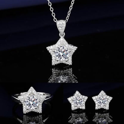 Elegant Jewelry Set Necklace for Women，Adjustable Dainty Cubic Zirconia Trendy Choker Pendant Necklace+Earrings+Ring, Mother's Day Valentine's Day Gifts Pendant Set for Women 3PCS - color: White star