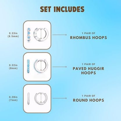 3 Pairs Mini Hoop Earrings Set Turquoise Cubic Zirconia Huggie Hoop Cartilage Earring Ear Cuff for Women (Turquoise/CZ) - color: *Turquoise-E