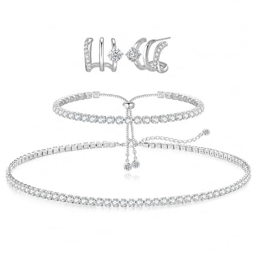 Luxval Tennis Necklace Set for Women Tennis Bracelets Diamond Earrings Sterling Silver Necklace Wedding Jewelry for Bride Silver Jewelry Sets for Women Gift - color: Silver-Illusion Stud Tennis Sets