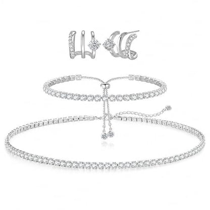 Luxval Tennis Necklace Set for Women Tennis Bracelets Diamond Earrings Sterling Silver Necklace Wedding Jewelry for Bride Silver Jewelry Sets for Women Gift - color: Silver-Illusion Stud Tennis Sets