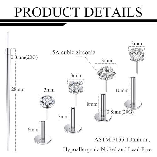Ruifan Titanium Flat Back Lip Rings Threadless Push in Earrings Studs Nose Rings 20G 18G 16G Round Heart Square CZ Tragus Cartilage Lobe Rook Helix Conch Labret Medusa Piercing Jewelry for Women Men - color: Clear CZ, size: 20G-6/8/10mm