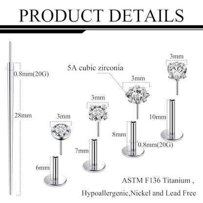Ruifan Titanium Flat Back Lip Rings Threadless Push in Earrings Studs Nose Rings 20G 18G 16G Round Heart Square CZ Tragus Cartilage Lobe Rook Helix Conch Labret Medusa Piercing Jewelry for Women Men - color: Clear CZ, size: 20G-6/8/10mm