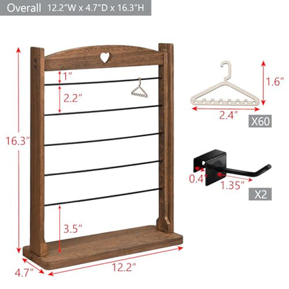 Ikee Design Wooden 120 pairs Earrings Display Stand, Jewelry Necklace Display Rack, Jewelry Organizer with 60 Mini Hangers and 2 Removable Hooks, Brown Color, 12.2W x 4.7D x 16.3H in