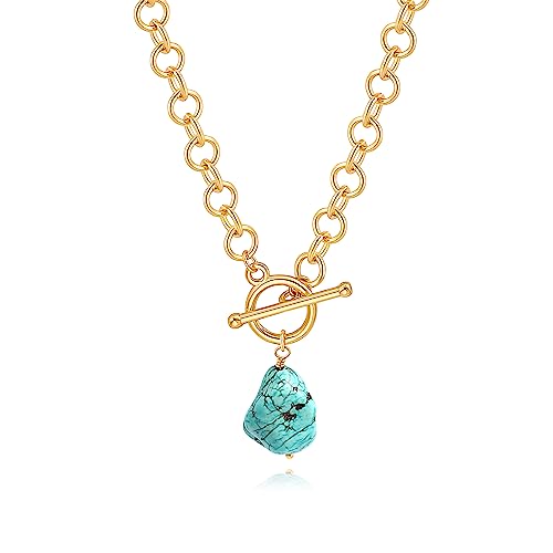 18k Gold Plated Chain Link Necklace for Women, Baroque Pearl/Compass Pendant Necklace - color: Turquoise