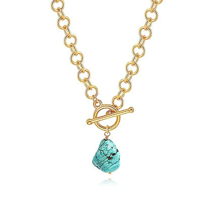 18k Gold Plated Chain Link Necklace for Women, Baroque Pearl/Compass Pendant Necklace - color: Turquoise