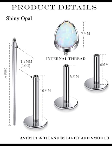 16G Astm F136 Titanium Internal Thread Flat Back Earrings Nose Studs Tragus Forward Helix Conch Cartilage Lobe Earrings Stud Medusa Labret Monroe Lip Ring Piercing Jewelry For Women Men - size: 16G--Style D-Opal