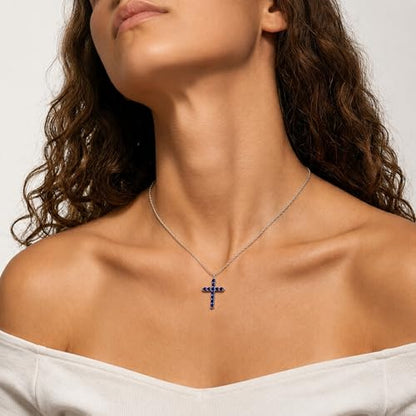 Cross Necklace for Women, Silver Cross Pendant Necklaces | 14K Gold Plated, Dainty CZ Cross Necklace, Non Tarnish and Hypoallergenic Jewelry for Women, Christian Religious Faith Gifts - color: A-Dark Blue-Silver