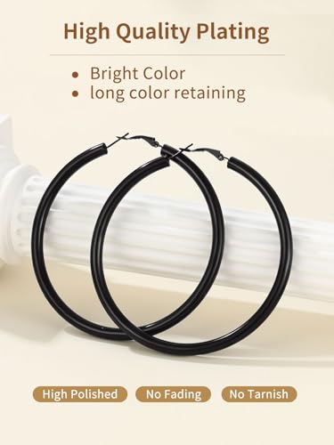 FindChic Hoop Earrings for Women, Silver/Black/14K Gold Plated Hypoallergenic Hollow Round Tube Loop Earrings, 20mm/30mm/40mm/60mm/80mm Chunky Hoops with Custom Name Options & Gift Box - color: a.Black, size: 80MM