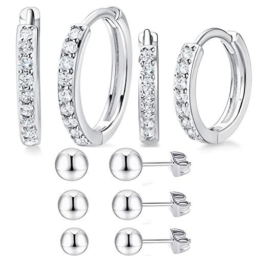 White Gold Earrings for Women Men Hoop and Stud Earring Set | Hypoallergenic 14K White Gold Plated Hoops Huggie Stud Earrings Set Round Cubic Zirconia Ear Jewelry - style: A4-White Gold-Hoop&Ball Stud (5 Pairs)