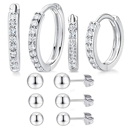 White Gold Earrings for Women Men Hoop and Stud Earring Set | Hypoallergenic 14K White Gold Plated Hoops Huggie Stud Earrings Set Round Cubic Zirconia Ear Jewelry - style: A4-White Gold-Hoop&Ball Stud (5 Pairs)