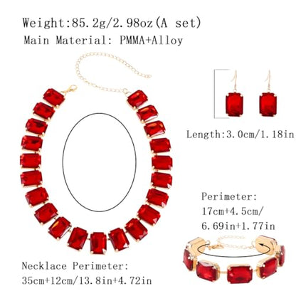 KOSMOS-LI Rectangle Faux Crystal Jewelry Sets Includ Necklace Bracelet Earrings For Women Stocking Stuffers - color: red