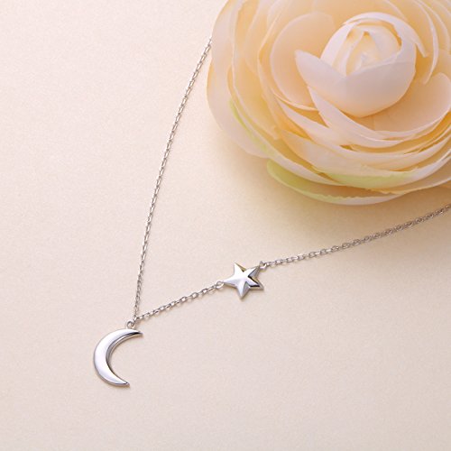 Ladytree 925 Sterling Silver Jewelry Crescent Moon and Star Pendant Necklace - style: One Star A