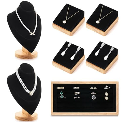 RattanView Bust 7 Pcs Jewelry Display Set Velvet Necklace Display Stand Earring Ring Organizer for Vendors (Black) - color: Black, style: Bust