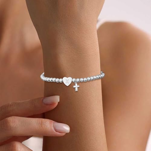Initial Cross Gold Bracelets for Women Christian Beads Jewelry for Girls | 14K Gold Plated Letter Bracelet, Stretch Elastic Baptism Religion Christian Gifts for Women Teen - color: Silver-X