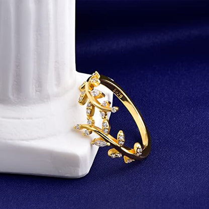 Olive Branch Ring for Women 925 Sterling Silver 14K Gold plated thin Paved CZ Cubic Zirconia Thumb Pinky Wrap Around leaf Ring Promise Stackbale Band Size 5-10 - color: 14K Gold