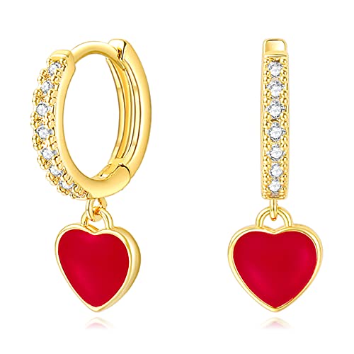 DAILY VIBES Cute Gold Mini Dangle Huggie Hoop Earrings for Women Trendy | 14K Gold Plated, Dainty Cubic Zirconia, Small Hoop Earrings with Charm Drop, Jewelry Gift for Women Ladies - color: Red Heart CZ