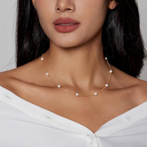 OGD Gold Pearl Necklace Set for Women 14K Plated Layered Daisy Choker Gift - color: Satellite Pearl - Gold