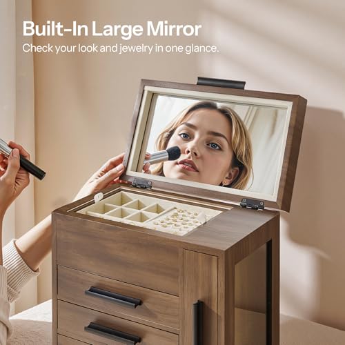 HOOBRO Jewelry Box with Mirror, Wooden Jewelry Organizer Box with Side Clear Acrylic Panel, Large Jewelry Case for Earrings, Necklaces, Rings, Watches, Walnut BH22JB04