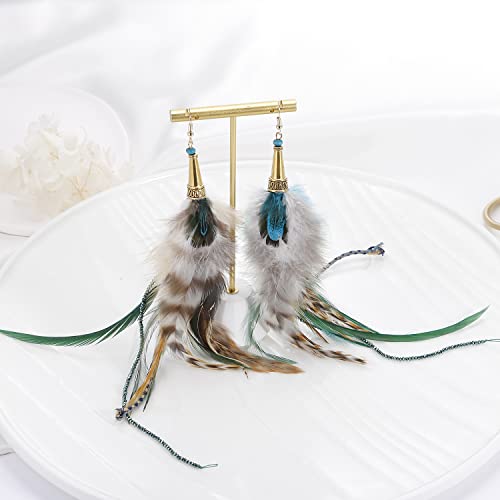 Bohemian Pheasant Peacock Long Feathers Statement Earrings Handmade Natural Lightweight Feather Dangle Earrings for Women (ea000071) - color: Brown&Blue