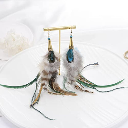 Bohemian Pheasant Peacock Long Feathers Statement Earrings Handmade Natural Lightweight Feather Dangle Earrings for Women (ea000071) - color: Brown&Blue