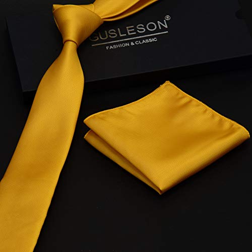 GUSLESON 2.4" Slim Necktie and Handkerchief Set For Men Solid Skinny Tie Set - color: Gold