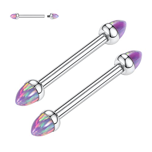 GAGABODY G23 Titanium Pair 14G Nipple Rings Tongue Jewelry Bridge Piercing | Internal Threaded Used in Nipple,Tongue,Bridge 14G Length from 12mm to 18mm Lightweight Daily Wear for Unisex Sensitive Skin - color: STYLE1A-Silver+Bullet Purple Opal, size: 14G