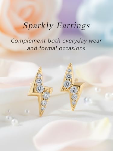 All Moissanites Sparkly Geometric Stud Earrings for Women, Solid 925 Sterling Silver with Rhodium/Gold Plated Hypoallergenic, Lightweight Comfy Earrings - color: Lightning - Yellow Gold