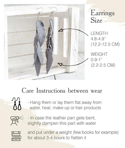 Leather Feather Earrings, Suede layered earrings, boho wedding jewelry, summer earrings, gift for her, dangle earrings - color: grey