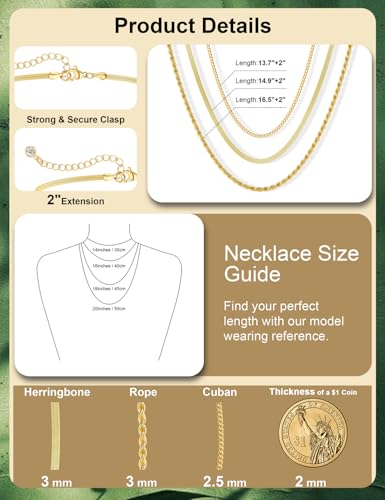 Gold & Silver Necklace Set for Women Trendy | 3 Layered Chain Necklace Stack - Non Tarnish Adjustable Cuban Rope Herringbone Necklaces for Women Jewelry Gifts - color: Gold