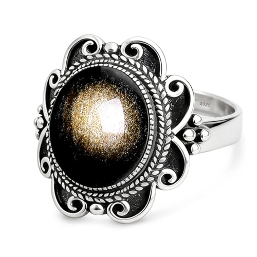 Sterling Silver Natural Stone Ring,Retro Antique Vintage Oval Genuine Real Crystal Quartz Gemstone Wide Boho Bohemian Statement Chunky Ring for Women - color: A01_Sheen Obsidian