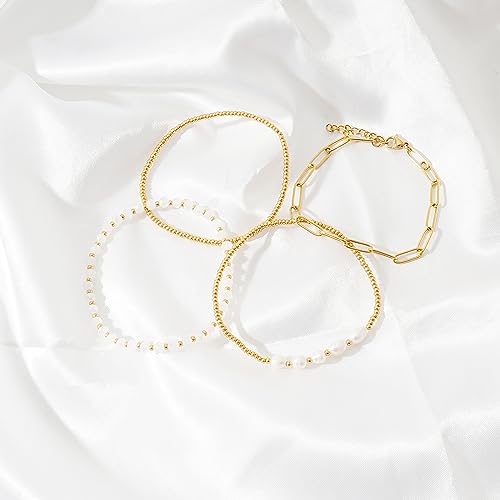 Dainty Gold Plated Pearl Crystal Beaded Bracelets Set for Women 14K Gold Plated Bead Pearl Beads Bracelet Stackable Paperclip Link Chain Bracelets Gold Plated Bracelets for Women Trendy Jewelry - color: Style2-crystal(18k gold plated)