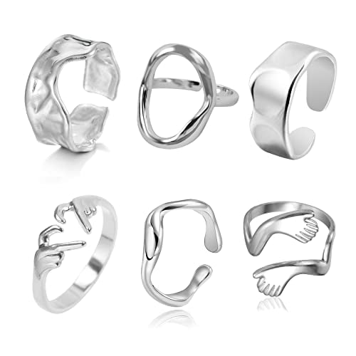 Loqimu 6 Pack Silver Midi Rings Stainless Steel Stackable Rings for Women Open Knuckle Rings Set Wide Irregular Finger Rings for Teen Girls Hug Geometric Fashion Rings Aesthetic Jewelry Gift - color: Silver
