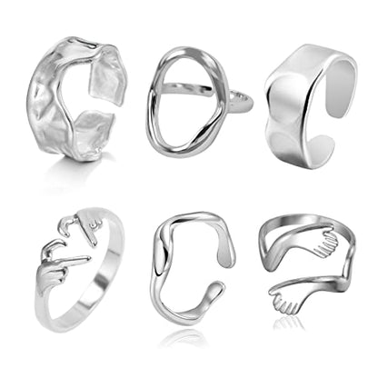 Loqimu 6 Pack Silver Midi Rings Stainless Steel Stackable Rings for Women Open Knuckle Rings Set Wide Irregular Finger Rings for Teen Girls Hug Geometric Fashion Rings Aesthetic Jewelry Gift - color: Silver