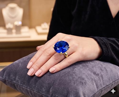 NYFASHION101 Women's Extra Big Rhinestone Fashion Stretch Ring - color: Blue/Gold-Tone