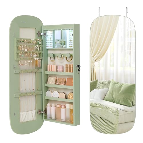 SONGMICS Jewelry Organizer, LED Jewelry Cabinet Wall/Door Mounted, Lockable Rounded Wide Mirror with Storage, Interior Mirror, 3.9 x 16.5 x 42.5 Inches, Laurel Green Surface with Cream White Lining - color: Laurel Green, size: 42.5"H, style: Rounded Corne