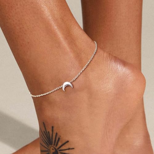 ChicSilver Personalized 925 Sterling Silver Tiny Heart/Moon/Star/Sun/Dot/Triangle Anklets Simple Dainty Foot Jewelry for Women, Silver/Gold Plated/Rose Gold Plated - style: Silver Moon